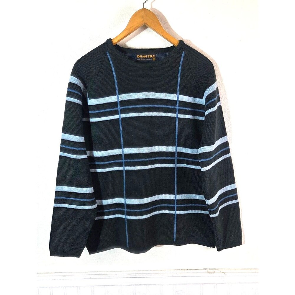Vintage DEMETRE Men's M Pure Virgin Wool Ski Sweater Dark Green Blue Striped